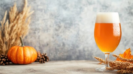 Enjoy a vibrant pumpkin wheat beer beside autumn leaves, a small pumpkin, and wheat stalks, creating a seasonal atmosphere