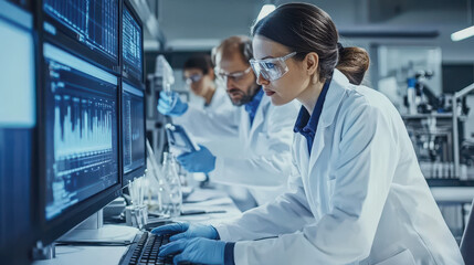 A team of researchers in a laboratory, analyzing drug trial outcomes using