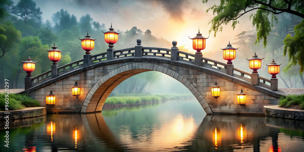 Aufkleber glossy stone bridge illuminated by lanterns for mid autumn festival - serene and timeless scene capt