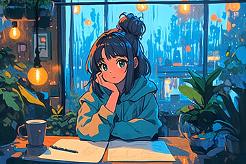 Artistic Girl sketching in a cozy coffee shop with string lights and vintage posters. Anime style, Cozy vibes