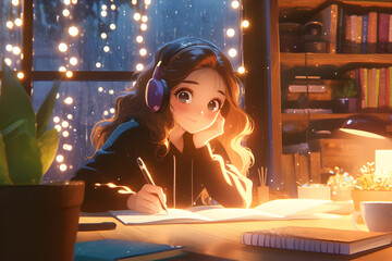 Artistic Girl sketching in a cozy coffee shop with string lights and vintage posters. Anime style, Cozy vibes