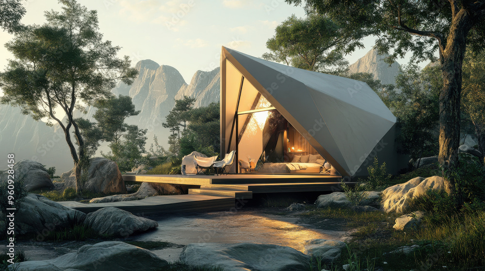 Fototapete architectural camping cube with a mix of lines and polygons, creating a dynamic visual effect