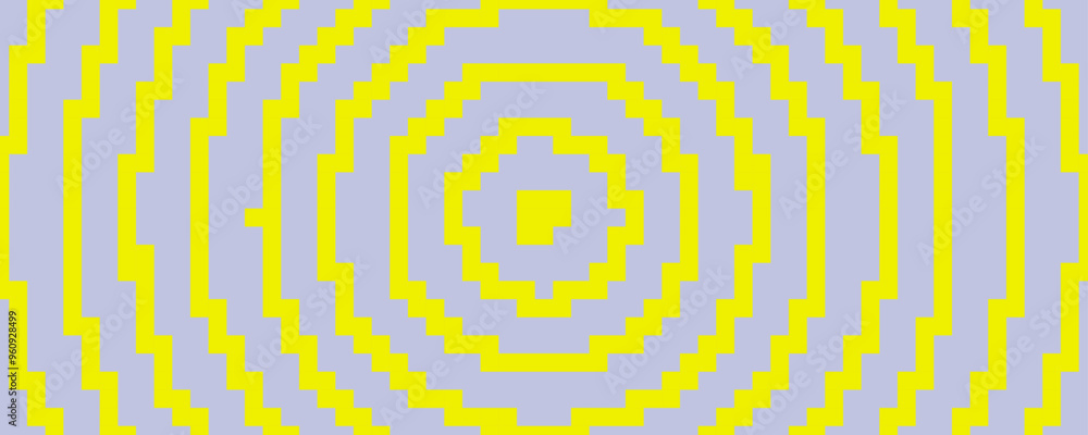 Poster Pixelated concentric circles texture. Yellow and grey dithered radial lines background. Digitalized target for banner, poster, flyer, brochure, booklet. Vector rasterized aim overlay wallpaper