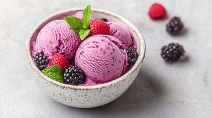 A bowl of creamy berry ice cream is beautifully garnished with fresh raspberries, blackberries, and mint leaves for a refreshing treat