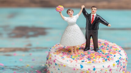 A bride and groom figurine dance cheerfully on a wedding cake adorned with colorful sprinkles, capturing the celebration of love