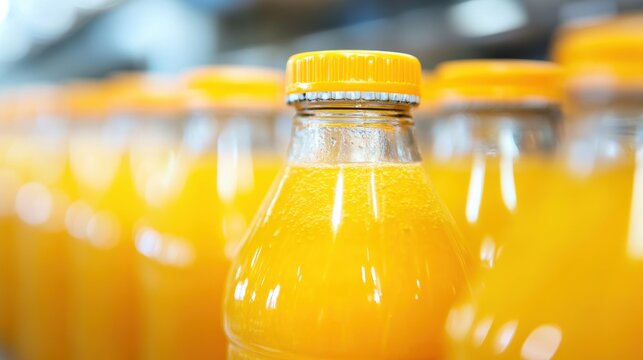 Workers carefully fill and seal bottles with freshly squeezed orange juice on a bustling factory production line - Powered by Adobe