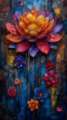 Fototapeta premium Vibrant Abstract Painting of Colorful Flowers with Water Droplets on a Dark Background