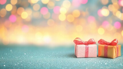 Fototapeta premium Various beautifully wrapped holiday gifts with shiny bows are displayed against a cheerful, blurred backdrop of colorful lights