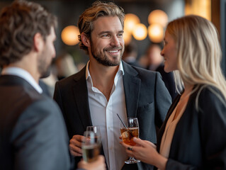 A group of business professionals enjoying a networking event in a chic, modern lounge, holding drinks and engaging in casual conversation, with a mix of formal and informal attire