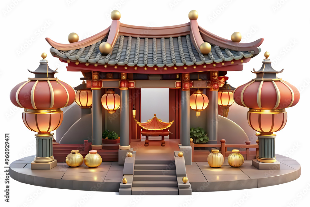 Poster glossy temple courtyard illuminated by lanterns for mid autumn festival - creating a sacred and refl