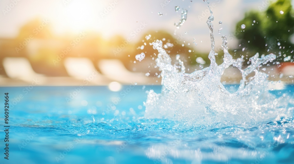 Poster water droplets burst into the air, creating a refreshing splash in a sunny pool on a warm day