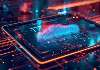 Obraz premium Futuristic Cloud Computing Concept with Neon Lights and Digital Interface on Tablet