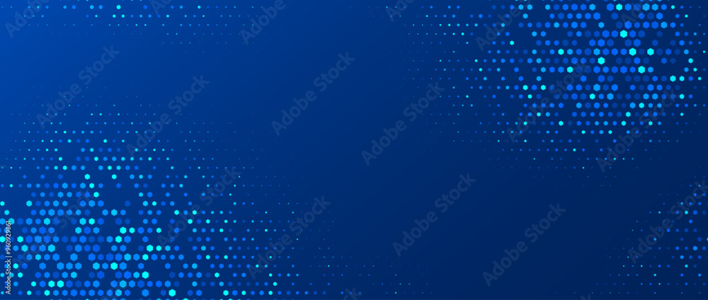 Poster Glow blue hexagon texture. Abstract hexagonal grid gradient background. Navy honeycomb pattern backdrop. Universal business, science, healthcare, medicine, technology, presentation wallpaper. Vector