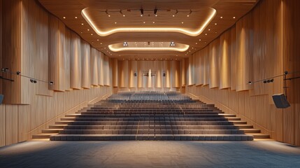 Modern Auditorium with Wooden Interior and Tiered Seating, Illuminated by Warm Lighting