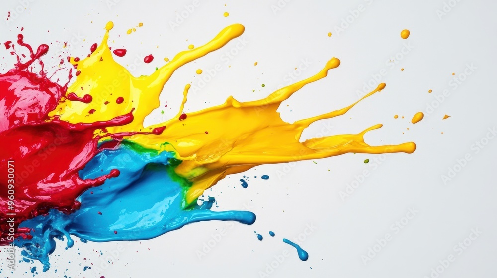 Poster an abstract display of vibrant paint splashes in red, blue, and yellow creates a dynamic visual effe