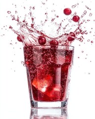 A glass of cranberry juice with ice cubes and cranberries splashing out.
