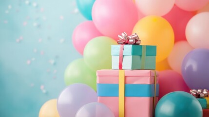 Festive balloons in various colors surround beautifully wrapped gifts, creating a joyful ambiance perfect for celebrations