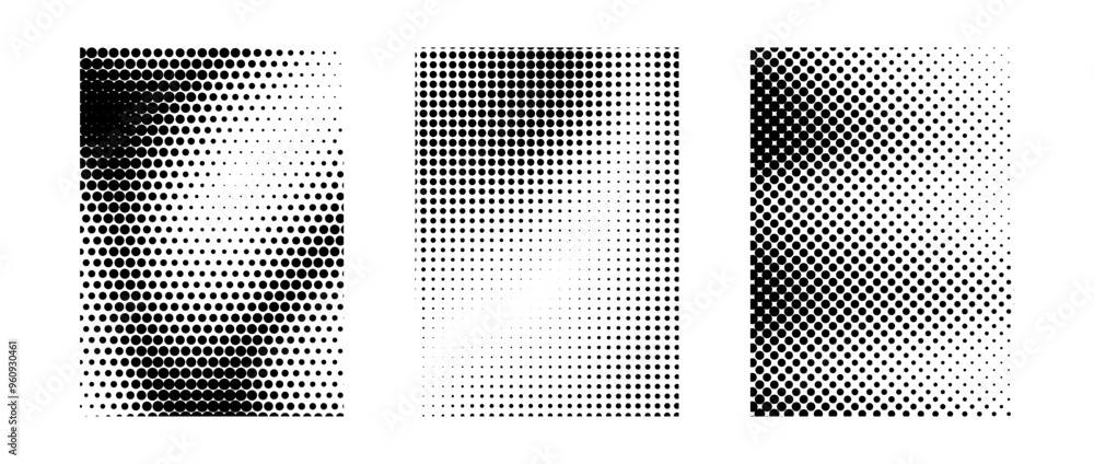 Poster grunge halftone gradient background set. black grit sand noise texture collection. retro dotted pixe