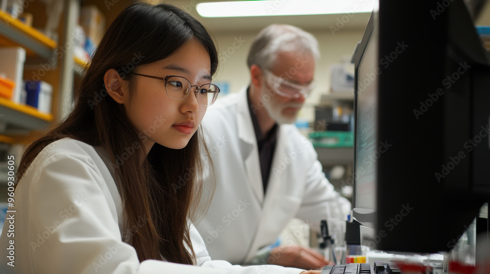Poster close-up of a biomedical student working on a computer, mentored by a senior scientist