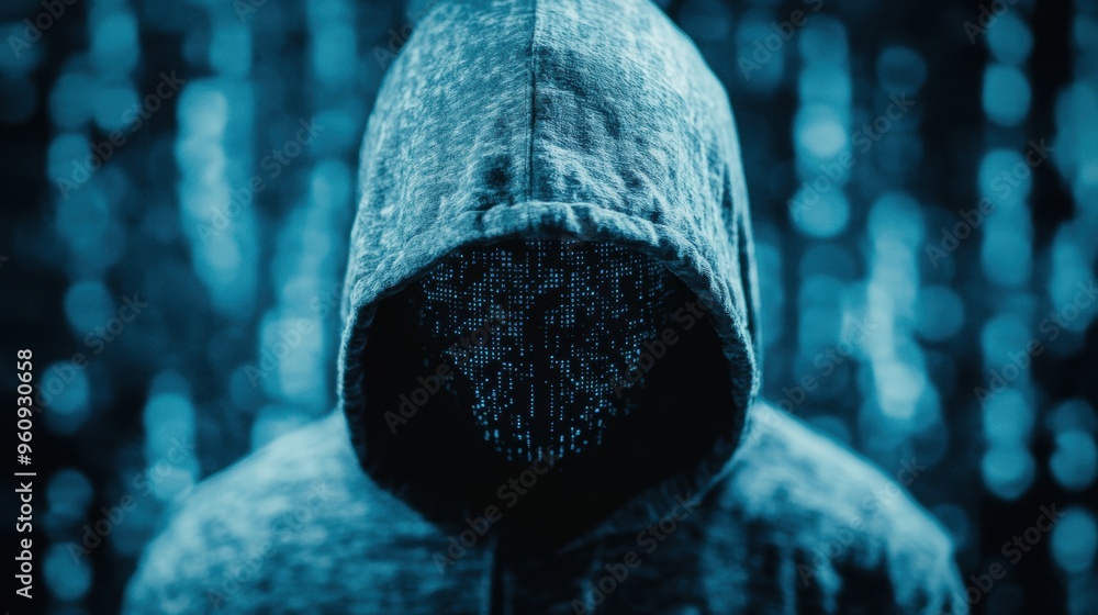Poster a hooded figure symbolizes the concept of cybersecurity, set against a blurred background of digital
