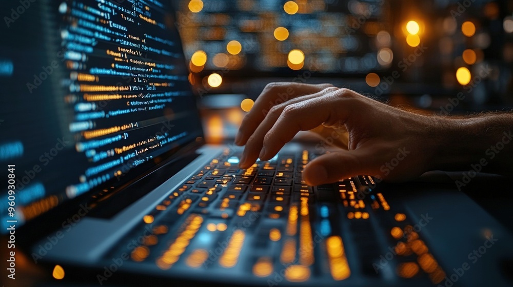 Aufkleber close-up of hands typing code on a laptop keyboard with a blurred background.