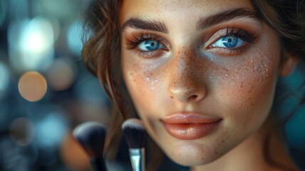 Close-Up Portrait of a Woman with Freckles and Blue Eyes Holding Makeup Brushes in a Studio Setting