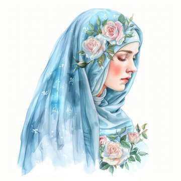 recommend clip art: Watercolor clipart of Holy Mary framed by a halo and an array of vibrant roses, highlighting her grace and divine nature.