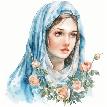 recommend clip art: Watercolor clipart of Holy Mary framed by a halo and an array of vibrant roses, highlighting her grace and divine nature.
