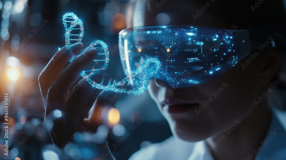Poster close-up of a scientist's hands manipulating a dna model using augmented reality (ar)