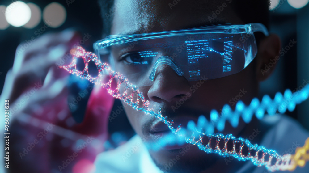 Poster close-up of a scientist's hands manipulating a dna model using augmented reality (ar)