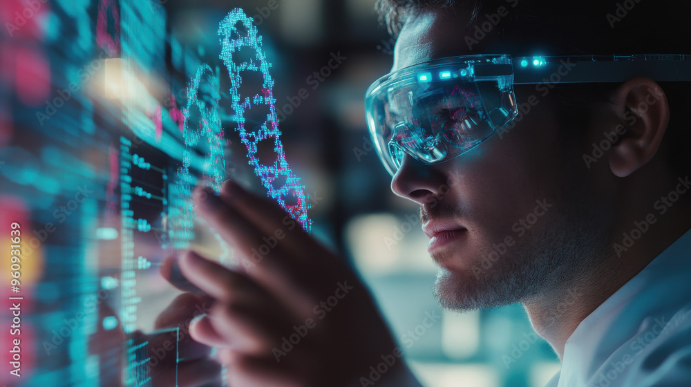 Poster close-up of a scientist's hands manipulating a dna model using augmented reality (ar)