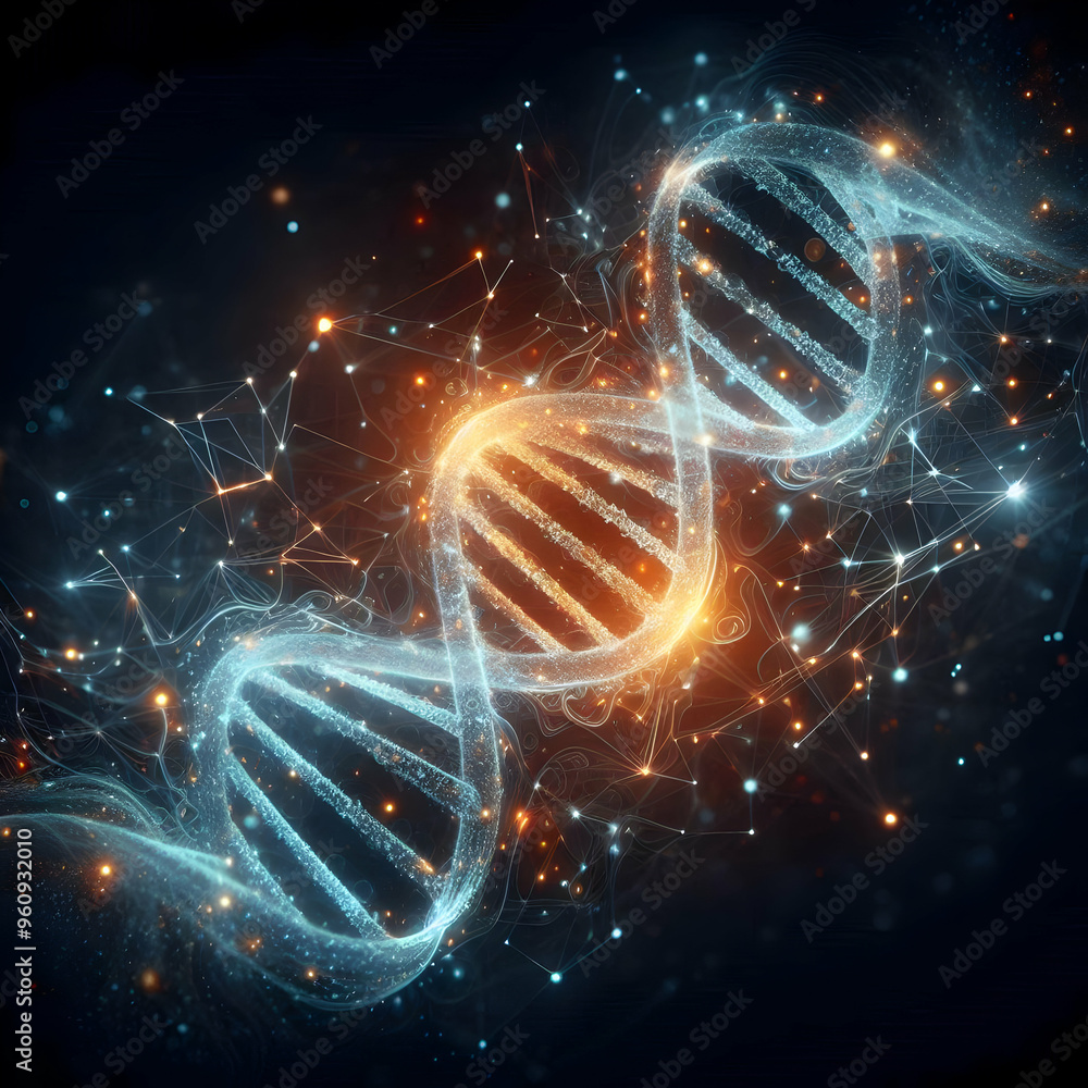 Poster abstract glowing dna helix intertwined with data particles - biotechnology and technology fusion con