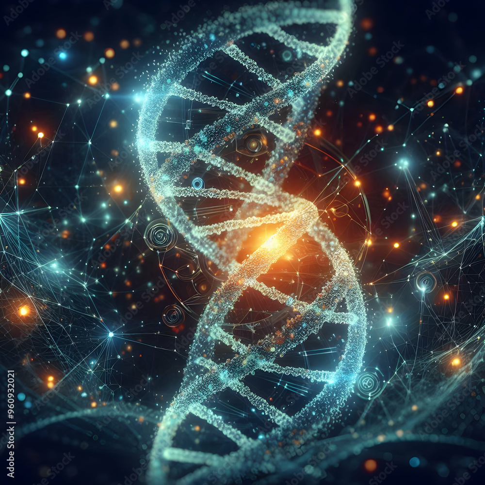 Poster abstract glowing dna helix with data particles - fusion of genetics and technology in biotechnology 