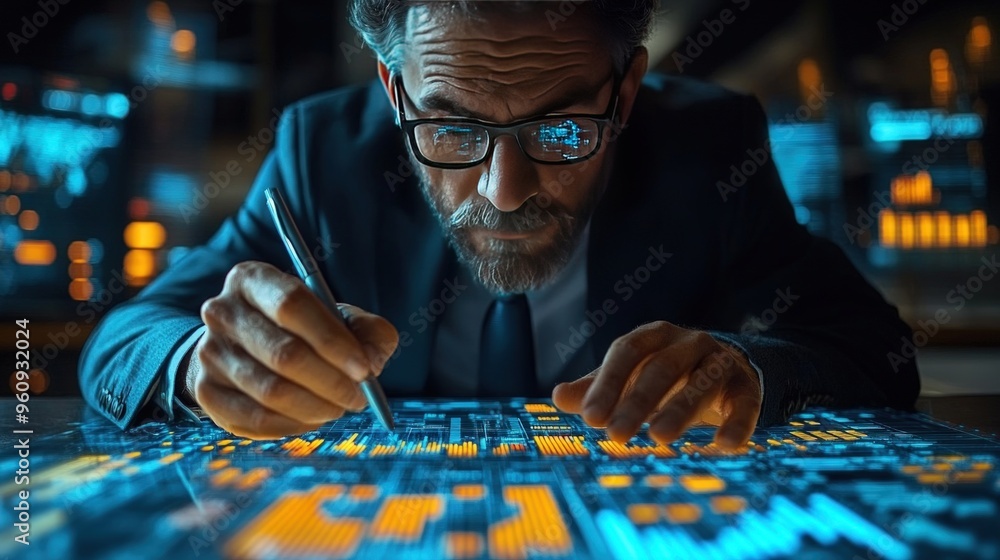 Poster a businessman with glasses leans over a digital holographic display and uses a pen to interact with 