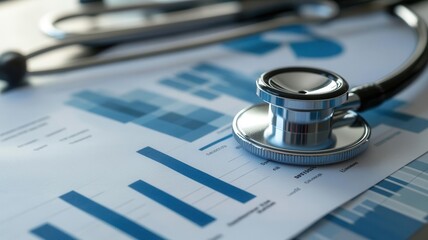 Close-up of business report showing healthcare cost analysis, with graphs and tables on revenue and market trends, photo-realistic rendering