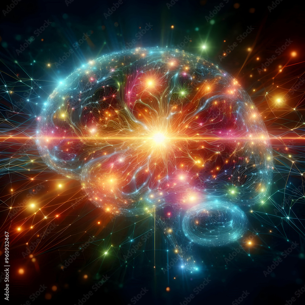 Poster glowing abstract digital brain with neural connections concept in vibrant colors on dark background 