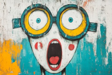 Illustration of a face with yellow glasses and a shocked expression. Unique artistic style, space for text