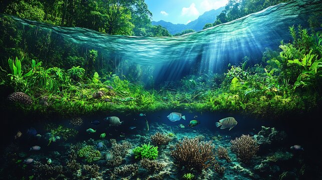 Detailed food web diagram showing relationships between producers consumers and decomposers in a specific ecosystem like a rainforest or ocean