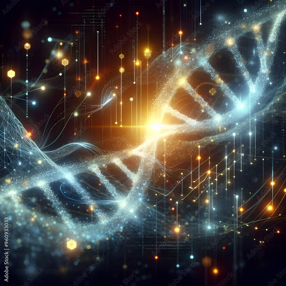 Poster futuristic biotech innovation: glowing dna strand with data points in abstract digital art - genetic