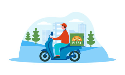 MobileCartoon pizza courier carries pizza on scooter. Pizzeria concept