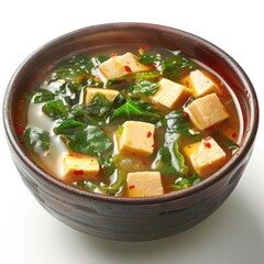 A bowl of soup with tofu and spinach, served in a brown pot.