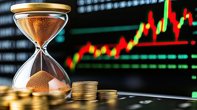 Time is Money Concept with Hourglass, Falling Coins, and Decreasing Interest Rates, Finance Metaphor with Copy Space for Text