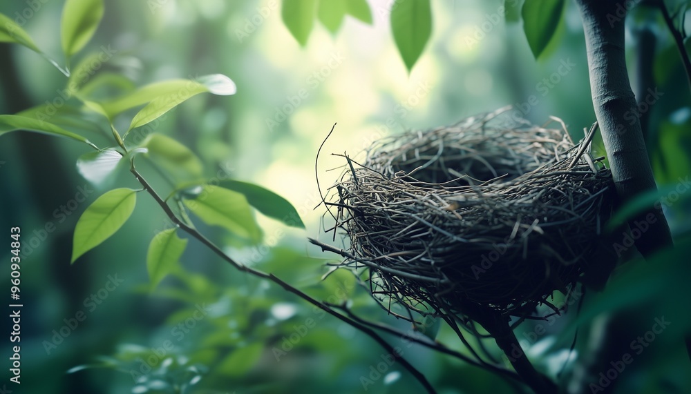 Wall mural twig animal nest in tree new born house habitat with deep forest blurred background