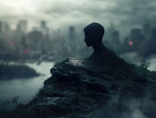 Obraz premium A lone figure carved into a cliff overlooking a rain-soaked city at dusk.