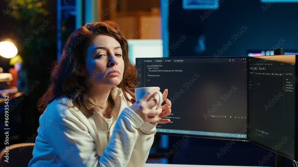 Poster portrait of smiling it specialist drinking coffee while looking for company security vulnerabilities