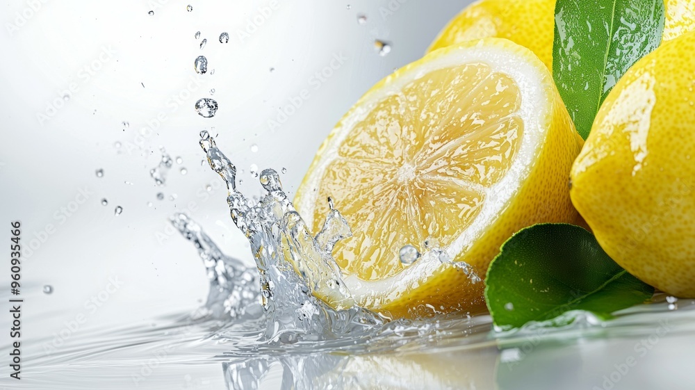 Canvas Prints A splash of water surrounds a lemon and a leaf