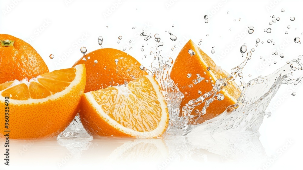 Poster a close up of a few oranges with water splashing around them