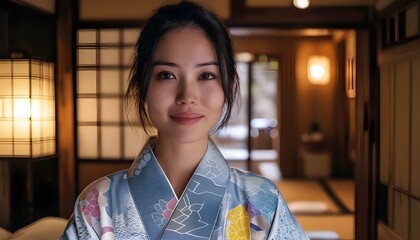 A woman wearing a yukata at a ryokan 