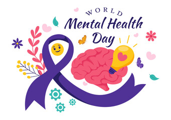 World Mental Health Day Vector Illustration on October 10 featuring Mental Health Awareness a Symbol with the Brain and Flowers in a Flat Background