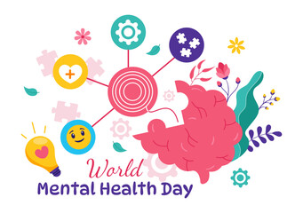 World Mental Health Day Vector Illustration on October 10 featuring Mental Health Awareness a Symbol with the Brain and Flowers in a Flat Background